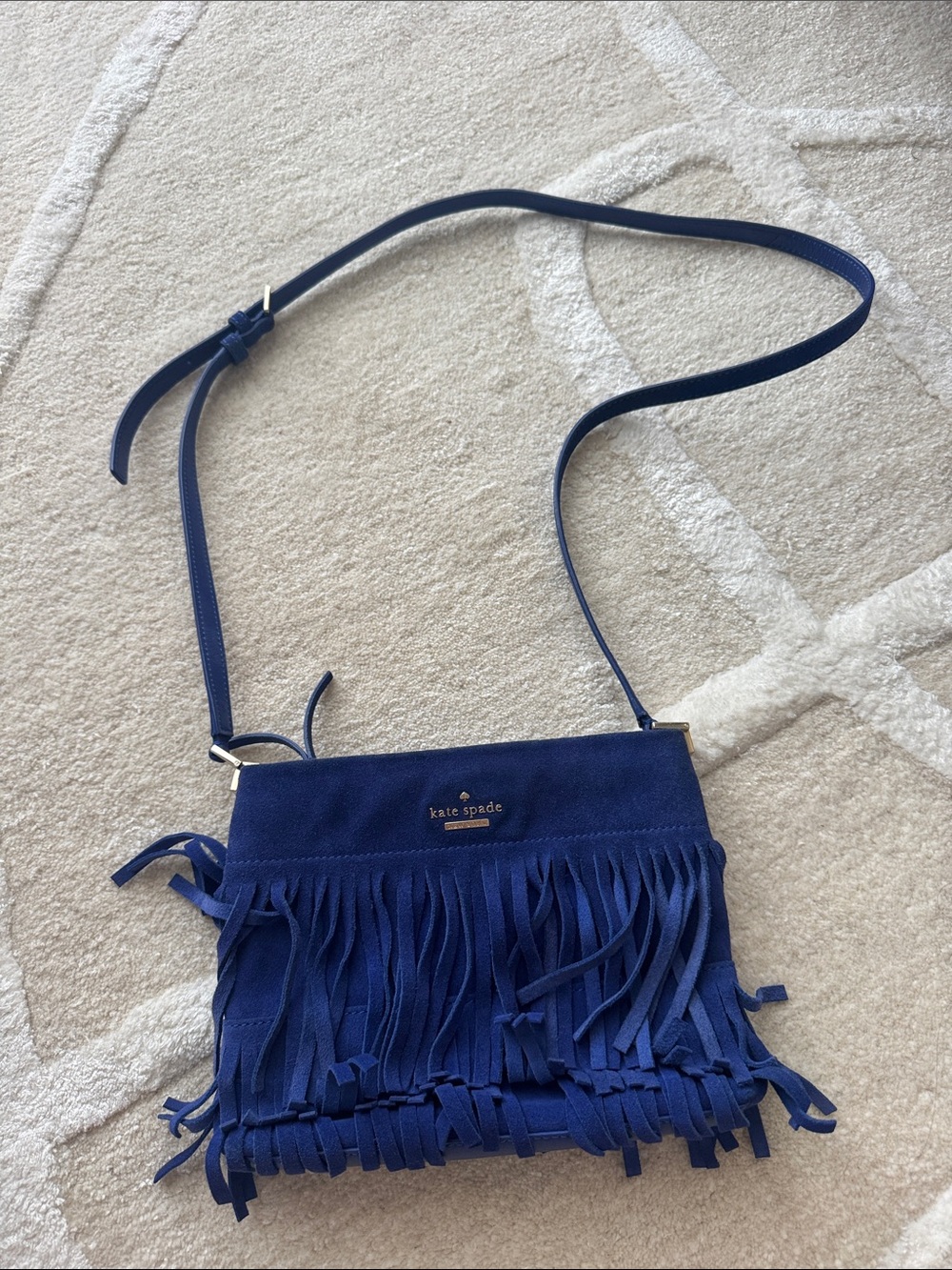 Kate Spade Blue Suede Fringe Crossbody Bag Leather Adjustable Straps
